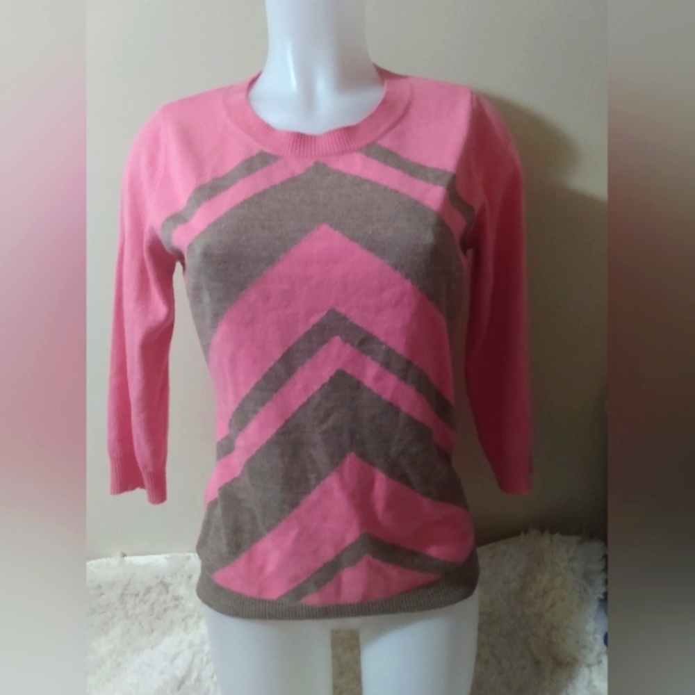 Pink and Taupe Chevron Crewneck Sweater - Women